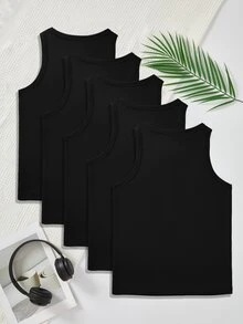 5pcs/Pack Tween Boy Comfortable Casual Sleeveless Undershirts Autumn Fall - Black - View 3