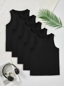 5pcs/Pack Tween Boy Comfortable Casual Sleeveless Undershirts Autumn Fall - Black - View 2