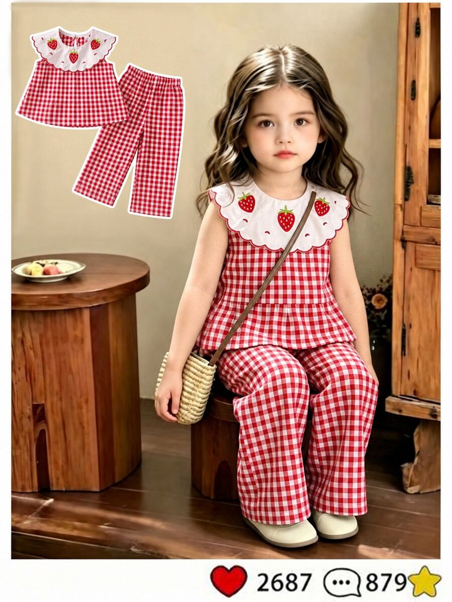 SHEIN 2pcs Baby Girls Sweet Cute Princess Cowgirl Strawberry Print Sleeveless Tank Top Pants Set, Red And White Plaid Stripes + 3D Strawberry Embroidery