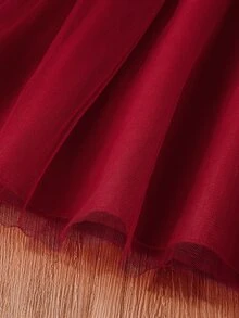 SHEIN Baby Girls Velvet Mesh Dress , Cute Ruffle Sleeve Tulle Princess Tutu Skirt With White Bows & Headba - Red - View 10