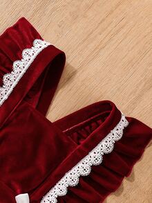 SHEIN Baby Girls Velvet Mesh Dress , Cute Ruffle Sleeve Tulle Princess Tutu Skirt With White Bows & Headba - Red - View 8