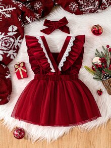 SHEIN Baby Girls Velvet Mesh Dress , Cute Ruffle Sleeve Tulle Princess Tutu Skirt With White Bows & Headba - Red - View 2