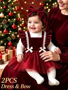 SHEIN Baby Girls Velvet Mesh Dress , Cute Ruffle Sleeve Tulle Princess Tutu Skirt With White Bows & Headba - Red - View 3