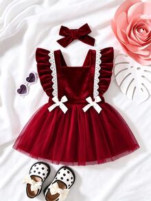 SHEIN Baby Girls Velvet Mesh Dress , Cute Ruffle Sleeve Tulle Princess Tutu Skirt With White Bows & Headba - Red - View 4