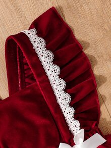 SHEIN Baby Girls Velvet Mesh Dress , Cute Ruffle Sleeve Tulle Princess Tutu Skirt With White Bows & Headba - Red - View 7