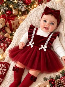 SHEIN Baby Girls Velvet Mesh Dress , Cute Ruffle Sleeve Tulle Princess Tutu Skirt With White Bows & Headba - Red - View 1