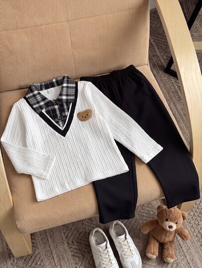 SHEIN Playful Pals Toddler Boy Polo Set Fake Two Piece Top Casual Knit Plaid Pants Black Lavender Pattern Sets Matching Sets