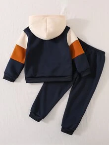 SHEIN 2件組幼童男童連帽外套＋長褲，學院風海軍藍與薑黃奶油色拼接，羅紋飾邊長袖連帽常規款，秋季校園慢跑舒適運動套裝 - 彩色 - 查看 2