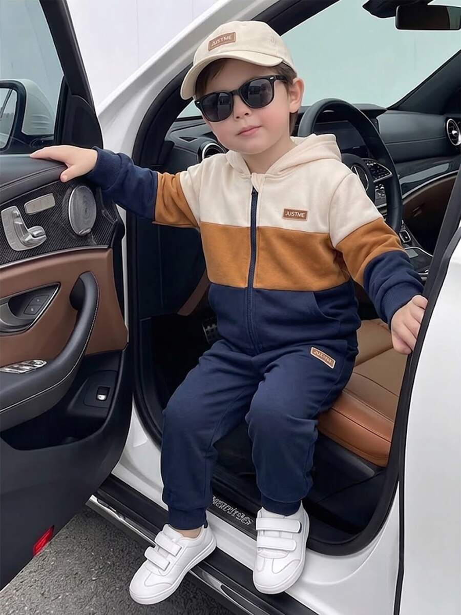 SHEIN Playful Pals 2pcs Toddler Boy Hooded Jacket + Pants Preppy Navy ...