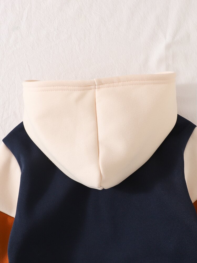 SHEIN Playful Pals 2pcs Toddler Boy Hooded Jacket + Pants Preppy Navy Ginger Cream Color Block Ribbed Trim Long Sleeve Hooded Regular School Fall Jogging Cozy Activewear - Multicolor - View 6
