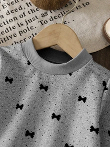 SHEIN Vintaside Kids 女嬰時尚刺繡波點蝴蝶結印花荷葉邊下擺運動衫 秋季畢業深灰色可愛女嬰 - 灰色 - 查看 6