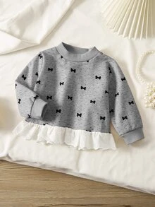SHEIN Vintaside Kids 女嬰時尚刺繡波點蝴蝶結印花荷葉邊下擺運動衫 秋季畢業深灰色可愛女嬰 - 灰色 - 查看 5