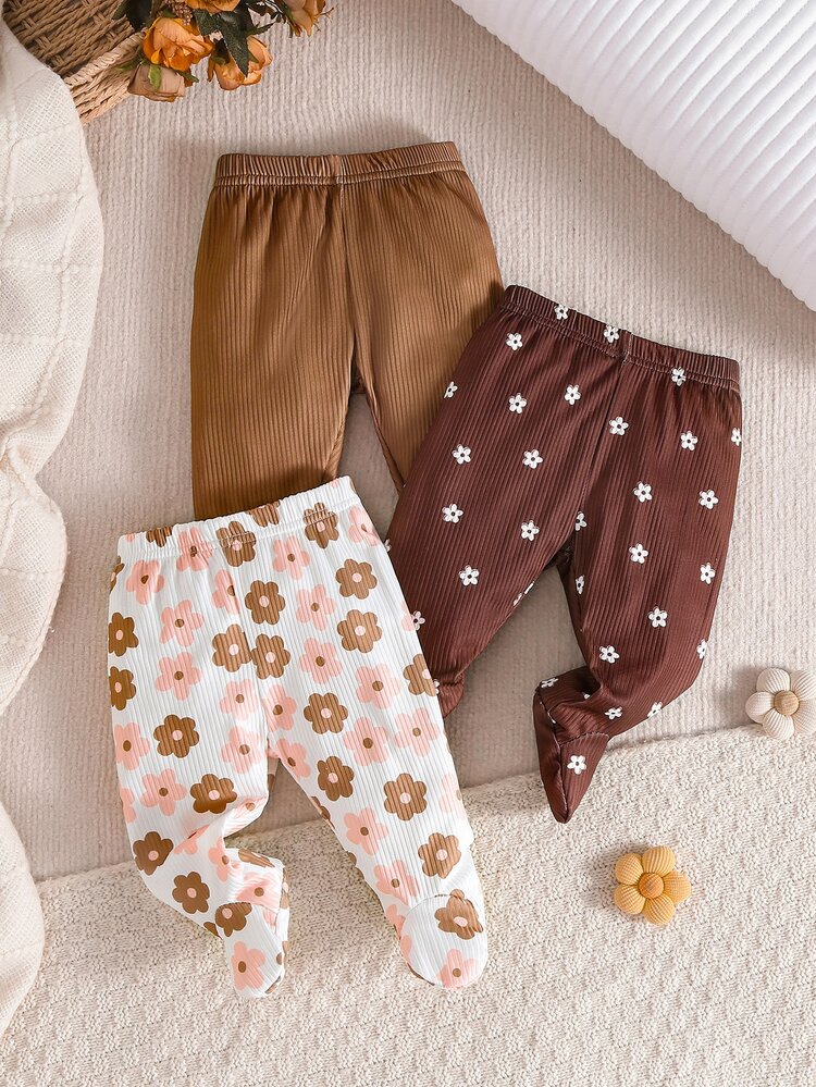 SHEIN 3pcs Newborn Baby Girl Fall Footed Pants Set, Solid Color Floral Small Print, Infant Leggings Bottoms Outfit Brown Y2k Baby Phat Farmer Bingo - Brown - View 9