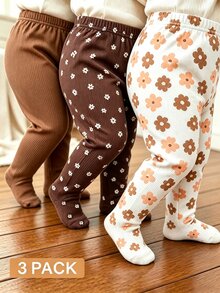 SHEIN 3件組新生女嬰秋季連腳褲套裝，純色花朵小印花，嬰兒打底褲下身套裝，棕色 Y2K Baby Phat Farmer Bingo - 棕色 - 查看 2