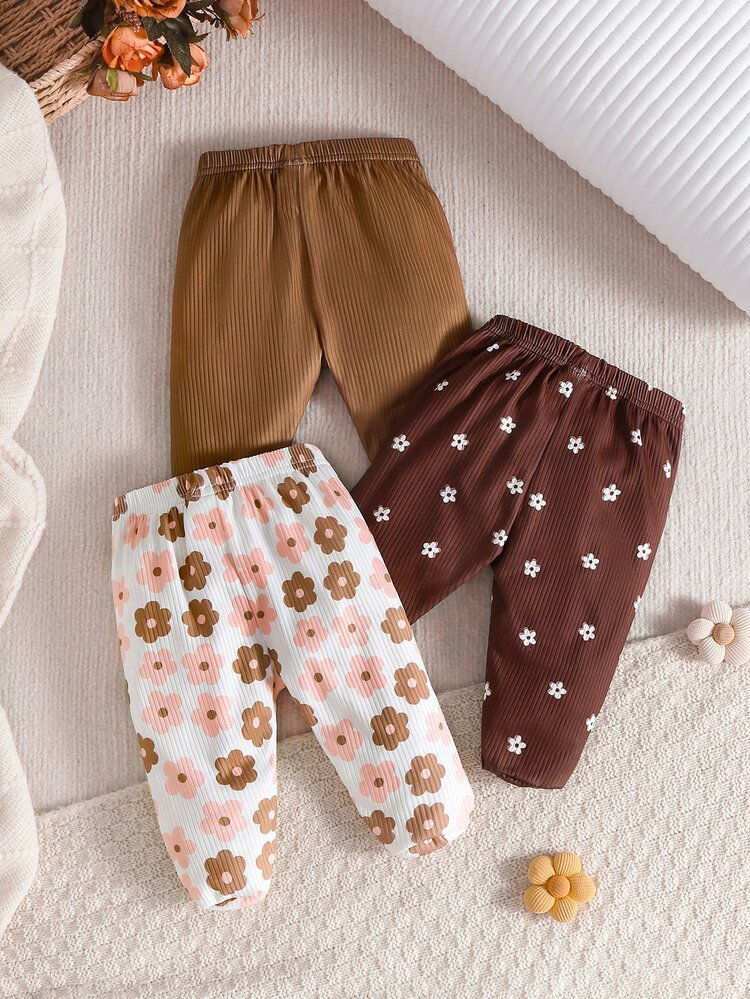 SHEIN 3pcs Newborn Baby Girl Fall Footed Pants Set, Solid Color Floral Small Print, Infant Leggings Bottoms Outfit Brown Y2k Baby Phat Farmer Bingo - Brown - View 2