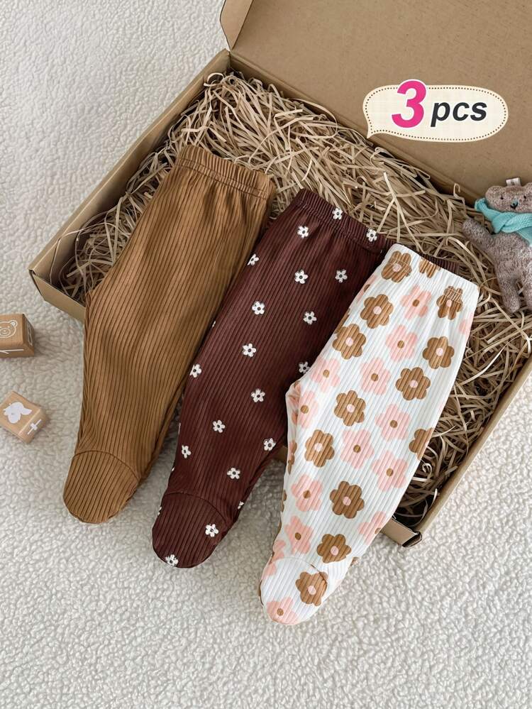 SHEIN 3pcs Newborn Baby Girl Fall Footed Pants Set, Solid Color Floral Small Print, Infant Leggings Bottoms Outfit Brown Y2k Baby Phat Farmer Bingo - Brown - View 3