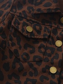 SHEIN 少女豹紋牛仔夾克，翻領前扣長袖外套，附胸前翻蓋口袋，時尚少女休閒外套 - 棕色 - 查看 5