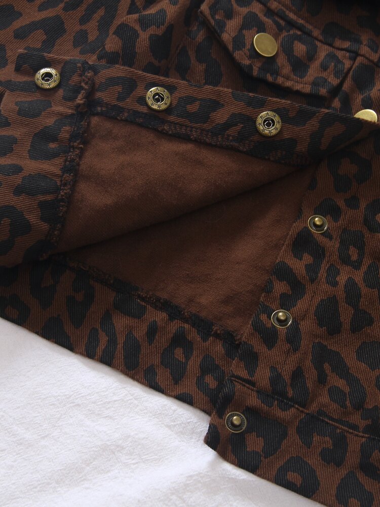 SHEIN Young Girls Leopard Print Denim Jacket, Lapel Collar Button Front Long Sleeve Coat With Chest Flap Pockets, Fashion Young Girl Casual Outerwear - Brown - View 7