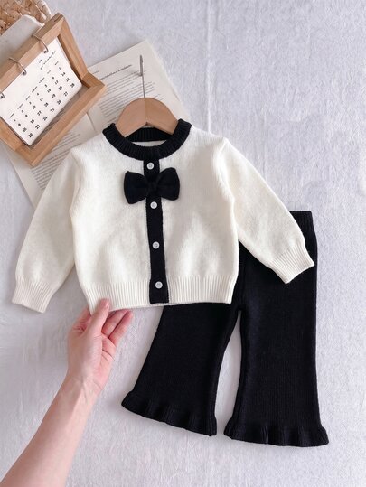 Girls Bow Knit Set, Autumn/Winter Baby Girl Pullover Sweater And Flared Pants 2 Pieces Set, Stylish Toddler Outfit