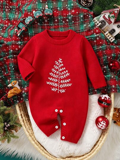 SHEIN Vintaside Kids Baby Girls Sweater Onesies, Soft And Comfortable Knitted Footed Romper For Newborns, Embroidered Heavy Craft Exquisite Cute Cartoon Jumpsuit, Red, Suitable For Holidays, Christmas, New Year, Winter, Fashionable Versatile, Suitable For Autumn/Winter Daily Casual, Party, Travel, Holiday, Outdoor Play