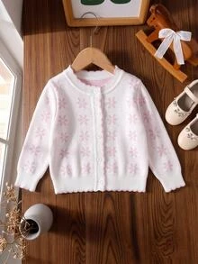 Genkimix Kids Baby Girl Round Neck All-Over Print Fashion Sweet Cardigan Autumn Winter - Baby Pink - View 1