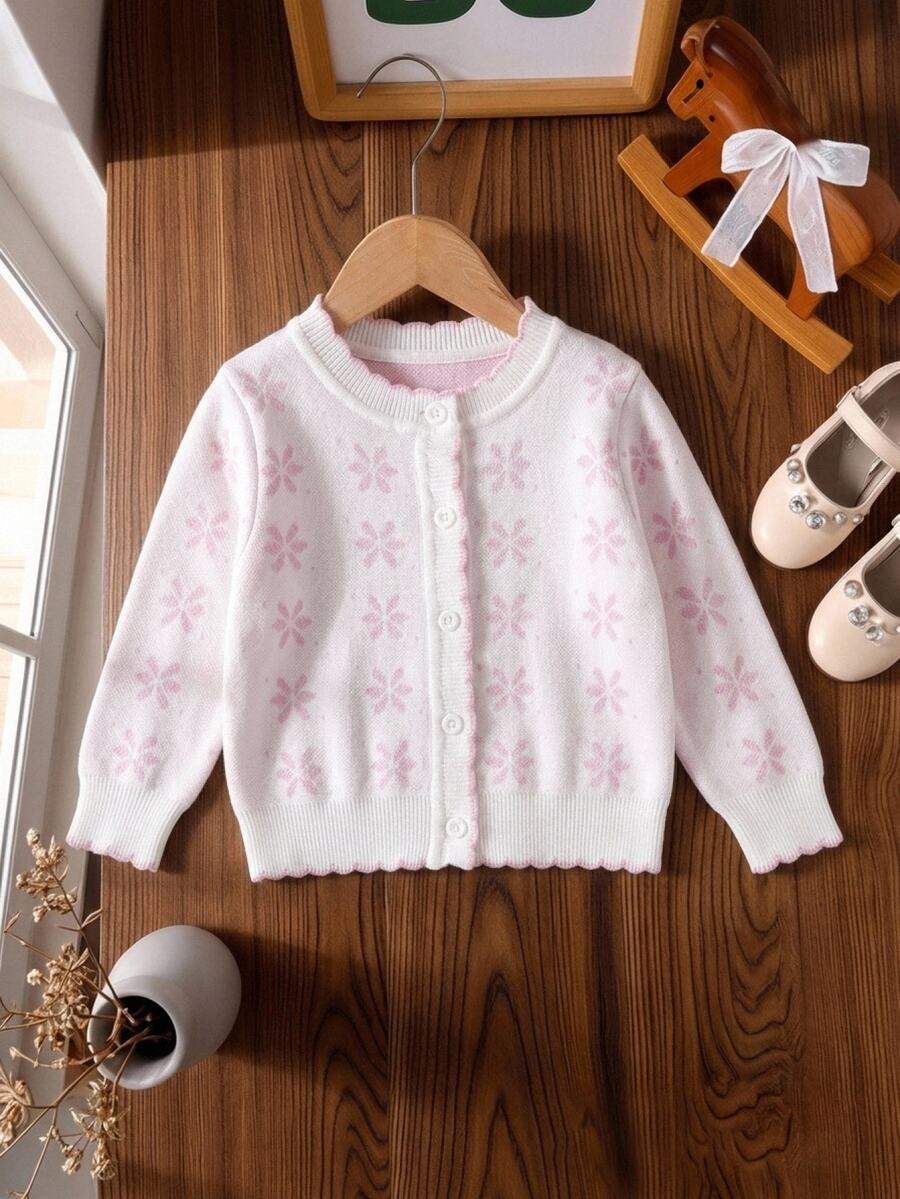 Genkimix Kids Baby Girl Round Neck All-Over Print Fashion Sweet Cardigan Autumn Winter - Baby Pink - View 1
