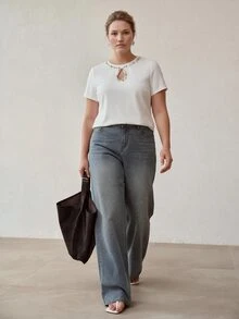 MOTF PREMIUM NEW SUMMER HEAVY EMBELLISHED RHINESTONE HOLLOW ROUND NECK PLUS SIZE SHORT SLEEVE T-SHIRT WOMEN SLIMMING TOP WHITE UNDERSHIRT - White - View 3