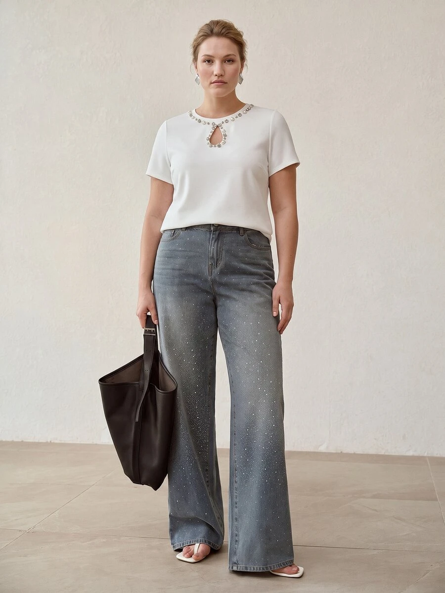 MOTF PREMIUM NEW SUMMER HEAVY EMBELLISHED RHINESTONE HOLLOW ROUND NECK PLUS SIZE SHORT SLEEVE T-SHIRT WOMEN SLIMMING TOP WHITE UNDERSHIRT - White - View 1