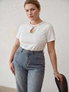 MOTF PREMIUM NEW SUMMER HEAVY EMBELLISHED RHINESTONE HOLLOW ROUND NECK PLUS SIZE SHORT SLEEVE T-SHIRT WOMEN SLIMMING TOP WHITE UNDERSHIRT - White - View 5