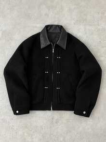 STYNVO Men's Patchwork PU Leather Lapel Long Sleeve Zipper Front Jacket - Black - View 1