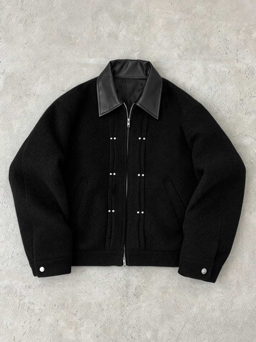 STYNVO Men's Patchwork PU Leather Lapel Long Sleeve Zipper Front Jacket - Black - View 1