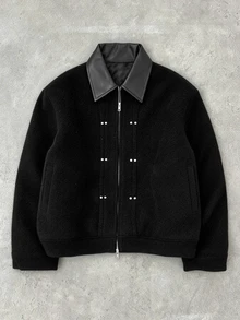 STYNVO Men's Patchwork PU Leather Lapel Long Sleeve Zipper Front Jacket - Black - View 3