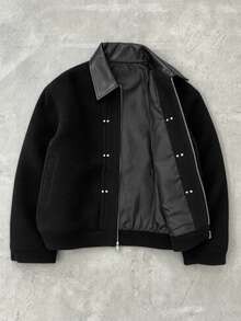 STYNVO Men's Patchwork PU Leather Lapel Long Sleeve Zipper Front Jacket - Black - View 4