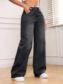Jeanoix Plus Size Women's Non-Stretch Denim Jeans Casual Fashion Chain Decor Design Straight Leg Pants Cowboy For Women - Dark Grey - View 4