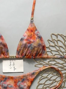 Swim Vcay 女款夏季海灘度假塗鴉印花掛脖綁帶露背性感丁字比基尼套裝 - 彩色 - 查看 5
