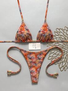 Swim Vcay 女款夏季海灘度假塗鴉印花掛脖綁帶露背性感丁字比基尼套裝 - 彩色 - 查看 4