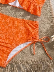 SHEIN Swim Women's Summer Beach Pool Party Holiday Plaid Ruffle Trim Camisole Bikini Orange Floral Tropical Boho - Orange - View 6