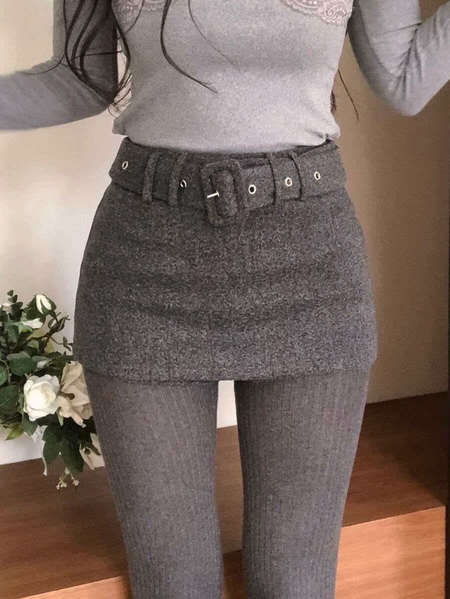 DAZY Women's Solid Color Wool Blend Elegant Skirt - Grey - View 1