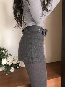 DAZY Women's Solid Color Wool Blend Elegant Skirt - Grey - View 2