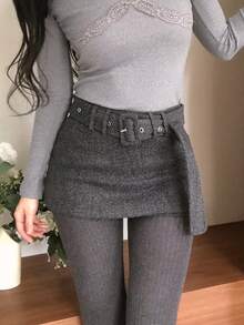 DAZY Women's Solid Color Wool Blend Elegant Skirt - Grey - View 5