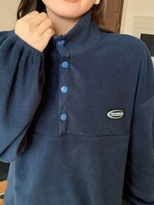 Dazy Plus Half-High Neck Loose Fit Thermal Lined Thick Sweatshirt With Chest Woven Patch Print, Autumn Wear - Navy Blue - View 5