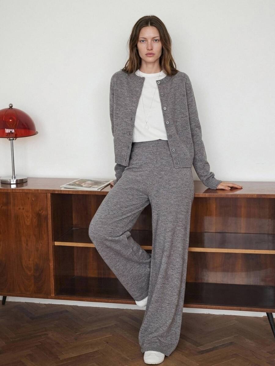 Dazy-Less Women's 2pcs Set: Light Grey Crew Neck Long Sleeve Knit Sweater High Waist Slim Fit Ribbed Knit Pants, Fall Lounge Casual - Dark Grey - View 1