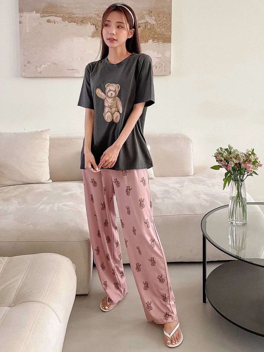 DAZY Bear Print Tee & Trousers PJ Set - Grey - View 1