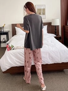 DAZY Bear Print Tee & Trousers PJ Set - Grey - View 2