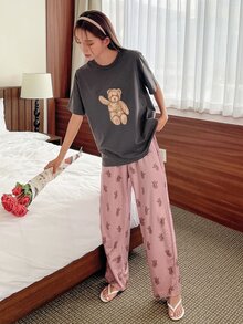 DAZY Bear Print Tee & Trousers PJ Set - Grey - View 5