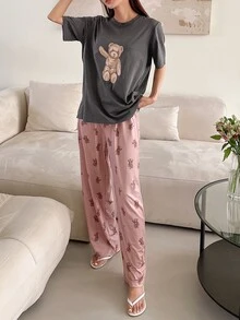 DAZY Bear Print Tee & Trousers PJ Set - Grey - View 8