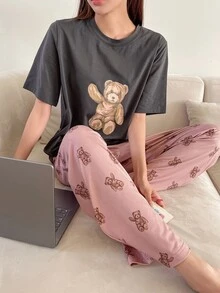 DAZY Bear Print Tee & Trousers PJ Set - Grey - View 9