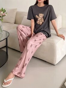 DAZY Bear Print Tee & Trousers PJ Set - Grey - View 4