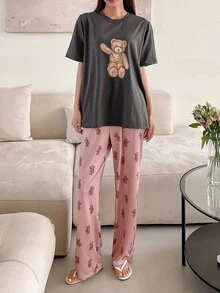 DAZY Bear Print Tee & Trousers PJ Set - Grey - View 7