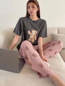DAZY Bear Print Tee & Trousers PJ Set - Grey - View 3